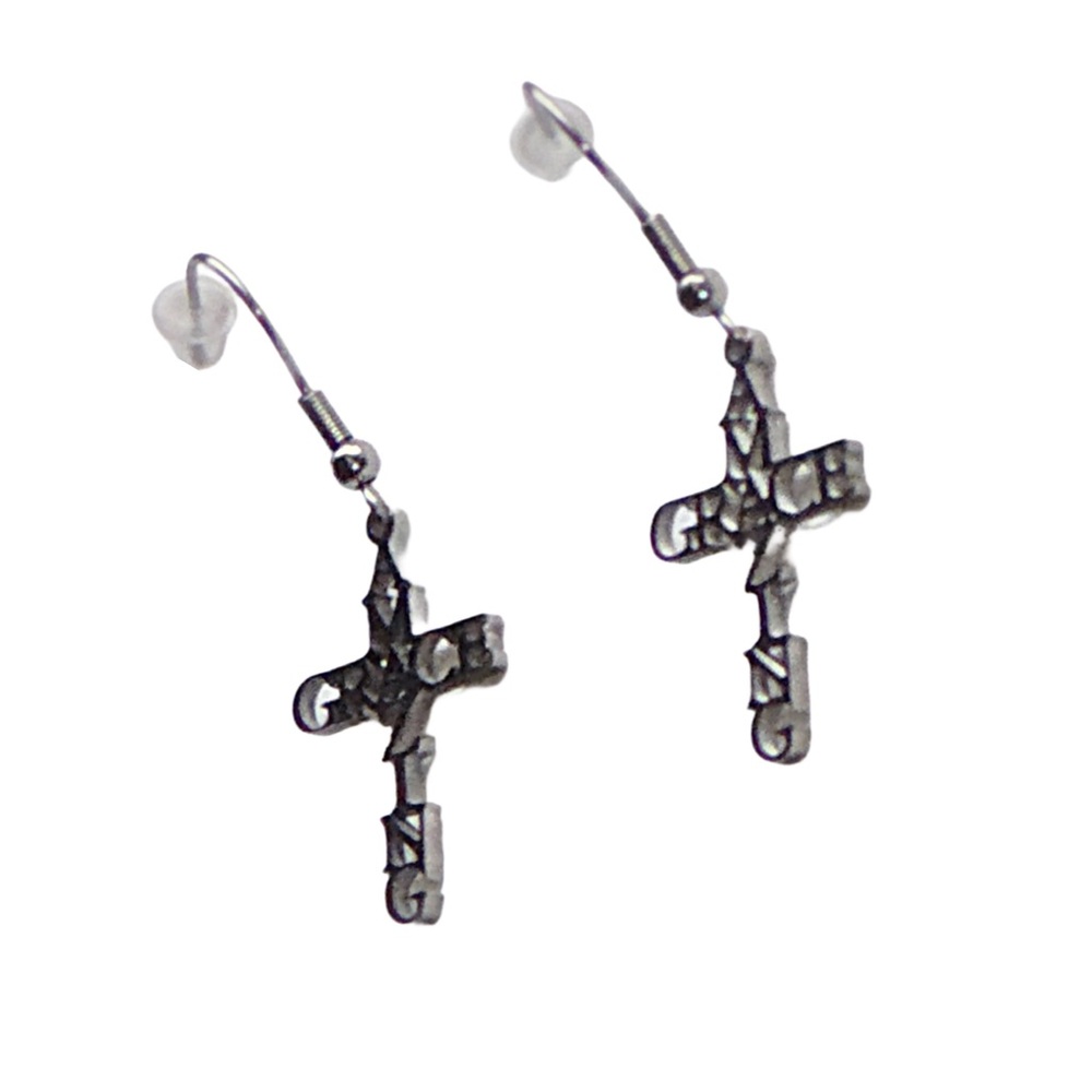 Silver Amazing Grace Cross Earrings, Stainless Steel - Picture 3 of 6